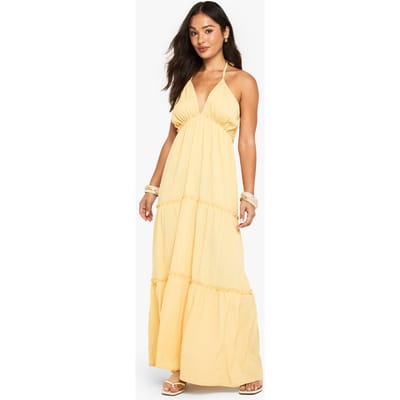 boohoo Dames Petite Getextureerde Gerimpelde Maxi-jurk met Bandjes en Lagen | Citroen | Maat: 38