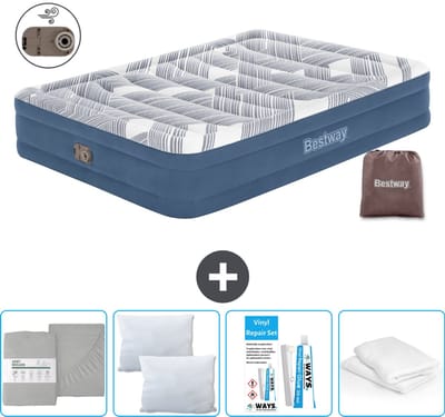 Bestway luchtbed - 2-Persoons - 152 x 203 x 36 cm - Blauw - Inclusief pomp - Hoeslaken - Kussen - Kussenbeschermer en Reparatieset