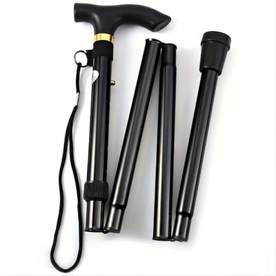 Bâton de marche pliant réglable, bâton de trekking antidérapant avec dragonne, aide à la mobilité portable et durable, aucune pile requise - béquille de soutien noir