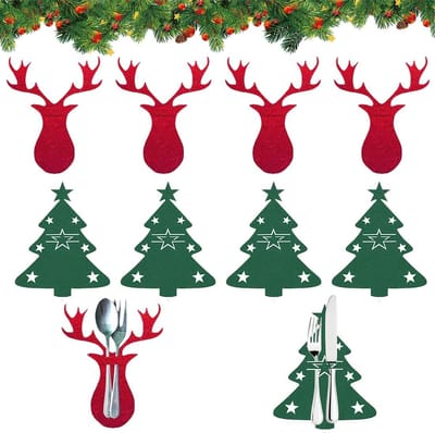 Set van 8 vilten bestekzakken voor Kerstmis, 4 x design groene boom en 4 x rood rendier, bestekhouder voor feestelijke tafeldecoratie en kerstdiner, praktisch en decoratief