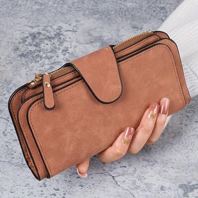 Portefeuille Long Rose pour Femme avec Fermeture Éclair et Bouton Pression, Multiples Emplacements pour Cartes, Grande Capacité, Design Élégant, Poche à Monnaie, Parfait pour un Usage Quotidien marron