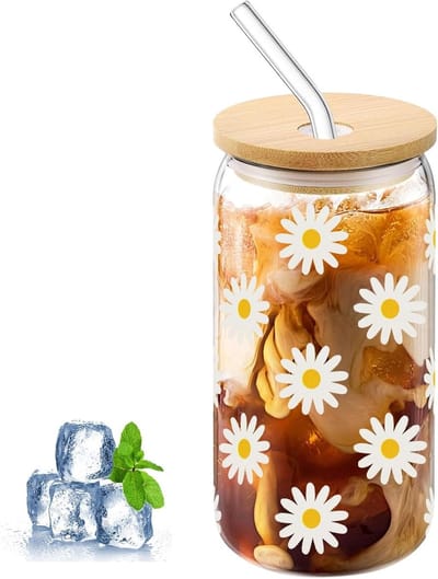 Glazen Beker met Deksel en Rietje - 400ml Bloem | Iced Coffee Tumbler voor Smoothies en Cocktails