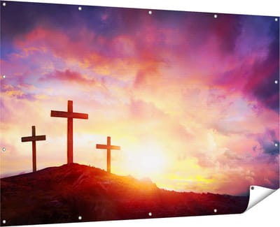 Gards Tuinposter Kruisiging van Jezus Christus - Drie Kruisen - 180x120 cm - Tuindoek - Tuindecoratie - Wanddecoratie buiten - Tuinschilderij