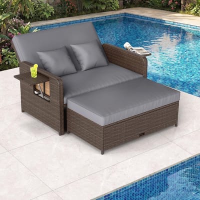 Ligbed 2 Personen 166x166x55 cm – Polyrotan Zonnebed 3-in-1 met Verstelbare Rugleuning, Opbergruimte & Zijtafels – Tuin Loungeset & Daybed met Kussens – Urbanhome