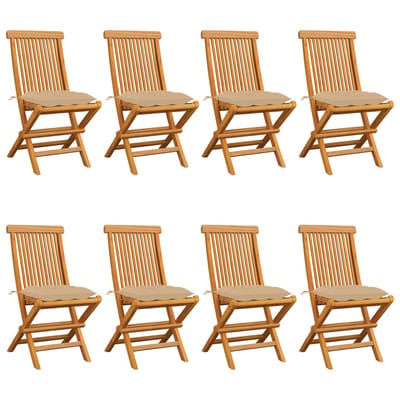 vidaXL - Opklapbare - stoelen - met - beige - kussens, - 8 - stuks, - massief - teakhout