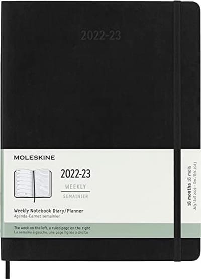 18-Maanden Agenda 2022/2023 - Wekelijks Overzicht, Zacht Kaft, Grote Formaat 19 x 25 cm, Zwart