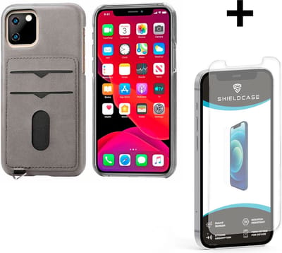 ShieldCase Vintage case met pasjeshouder geschikt voor Apple iPhone 12 / 12 Pro 6.1 inch - telefoonhoesje met ruimte voor pasjes - grijs + glazen Screen Protector