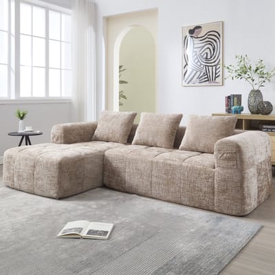 Gutent-Bank Moderne hoekbank, L-vormige bank, 3-zitsbank, geen montage nodig, chenille bank met chaise longue en armleuningen, 3 kussens, zijvak voor afstandsbediening, kaki