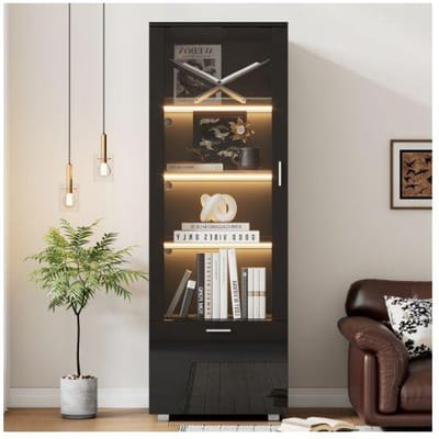 Vitrine noire brillante avec porte en verre, vitrine en verre éclairée par LED, (3 étagères)