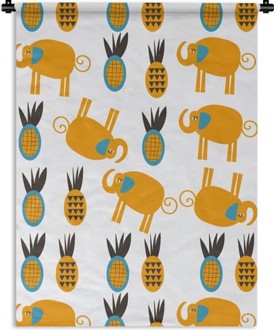Wandkleed - Wanddoek - Olifant - Ananas - Geel - Patroon - 90x120 cm - Wandtapijt