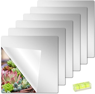 Set van 6 Zelfklevende Tegelspiegels met Waterpas, 30x30cm Flexibele Acryl Spiegelfolie voor Wanddecoratie, Badkamer, Woonkamer en Slaapkamer