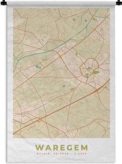 Wandkleed - Wanddoek - Kaart - Plattegrond - Vintage - Stadskaart - Waregem - 120x180 cm - Wandtapijt