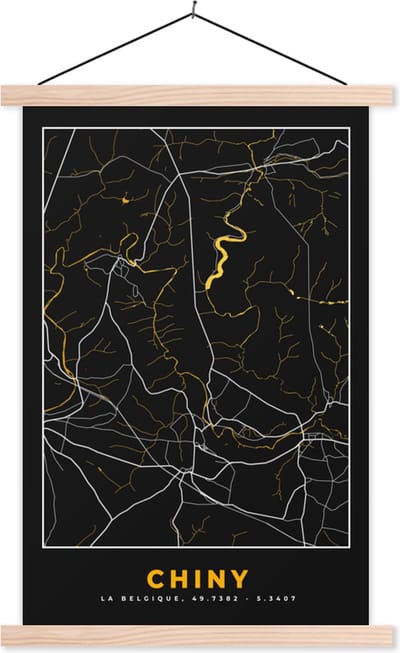 Posterhanger incl. Poster 40x60 cm - Schoolplaat - Chiny - Kaart - Goud - Plattegrond - Stadskaart - Textielposter - Blanke latten - Stadskaart
