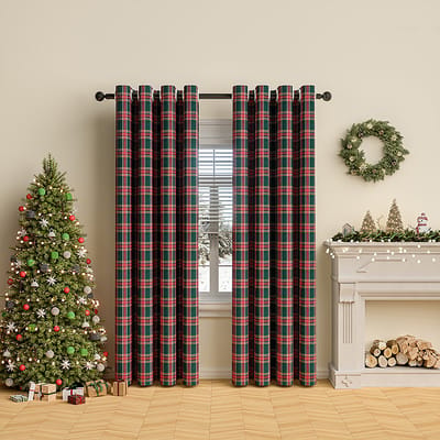 Qelus Rood-Groen Kerst Gordijn met Ruitjes 132x160 cm - Kant en Klaar met Ringen - Verduisterend Vintage Gordijn voor Woonkamer en Slaapkamer - Kerstdecoratie voor een feestelijke sfeer