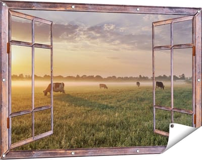 Gards Tuinposter Doorkijk Koeien in de Wei tijdens Zonsopkomst - 120x80 cm - Tuindoek - Tuindecoratie - Wanddecoratie buiten - Tuinschilderij