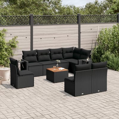 vidaXL - 9-delige - Loungeset - met - kussens - poly - rattan - zwart