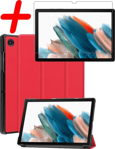 Hoesje Geschikt voor Samsung Galaxy Tab A8 - Met Screenprotector - Trifold Bookcase - Hard Cover - Hardcover Book Case - Tablet Hoes - Rood