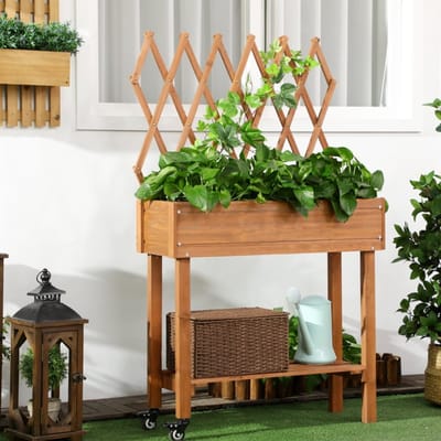 MODFU - Verhoogde Plantenbak Met Trellis En Opbergplank - Verrijdbaar - Hout - Bruin - 79 X 29 X 130 Cm