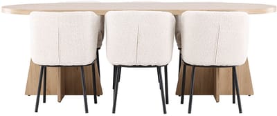 Bootcut eethoek tafel 115x230cm en 6 bouclé stoelen naturel.