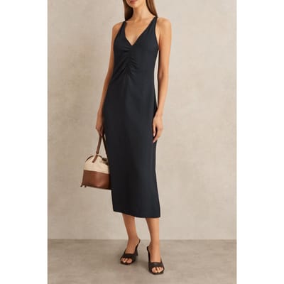 Reiss Ruched Linen Dress Navy Size: 4 | Midi Dresses Outlet | Dames | Blauw