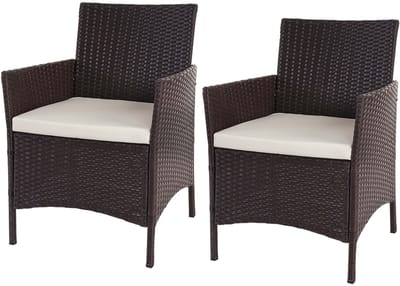 Set van 2 poly rotan tuinstoelen Halden, rieten fauteuils ~ bruin-gemarmerd, crèmekleurige kussens