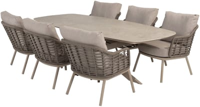 Puglia Nevada low dining tuinset 250x105xH69 cm 7 delig latte met deens ovaal keramiek 4 Seasons Outdoor
