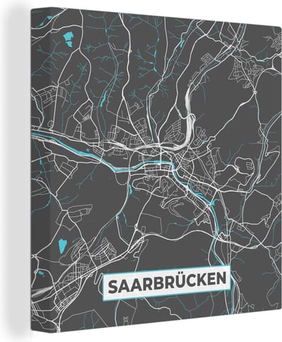 Canvas Schilderij Blauw – Duitsland – Plattegrond – Stadskaart – Kaart – Saarbrücken - 20x20 cm - Wanddecoratie