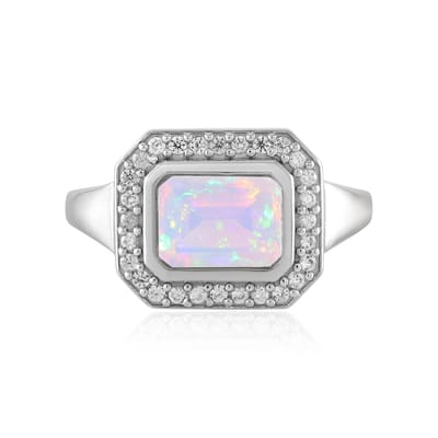 Cavill - Zilveren ring met 0,92 ct Welo Opaal en 0,37 ct Zirkonia - 925 Sterling Zilver Platina Geplateerd - Achthoekig Modern Elegant
