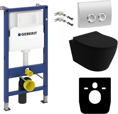 GEBERIT PRAIA BLACK - Inbouwreservoir WC - Ronde chromen drukplaat - Rimless wandcloset - Toilet set Mat Zwart