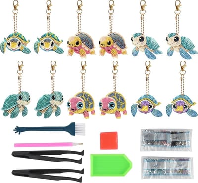 Turtle Sleutelhangers met 12 Stuks, 5D DIY Diamant Schilderen, Dubbelzijdige Volledige Drill Sleutelhanger, Creatieve Knutselset voor Kinderen, Verjaardagscadeau en Hobbyproject