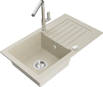 Mexen Pablo granieten spoelbak 1-komorig met afdruiprek en keukenmengkraan Flora, beige - 6510-69-670401-00