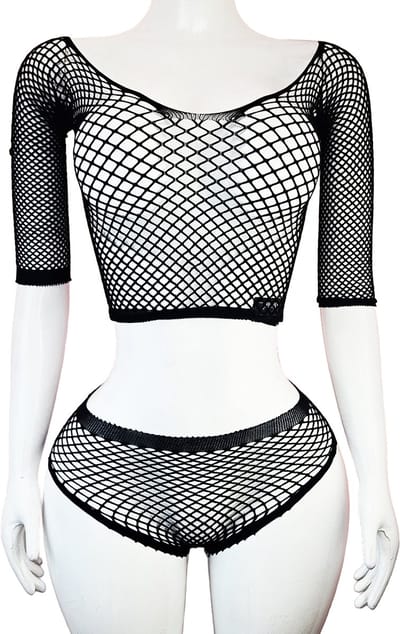 BamBella® - 2 delig set - Onesize - Erotische sexy nacht set broek met top doorzichtig kant - Super Stretch zwart