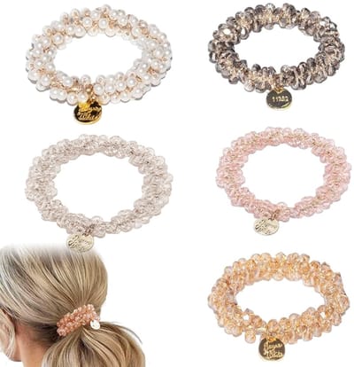JHUBERS- Haarelastiekjes 5 Stuks - Parel/Strass - Elastisch/Duurzaam - Modieus Haaraccessoire - Comfortabel - Geschikt voor Dames/Meisjes - Haarband
