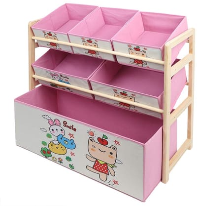 Dailygoods- Opbergplank met 6 Dozen - Meerlaagse Opbergplank - Kinderkamer - Veilig Ontwerp - Roze Cartoonstijl - Grote Opslagcapaciteit - Opbergrek