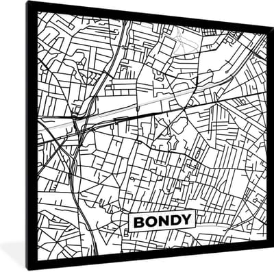 Fotolijst incl. Poster Zwart Wit- Kaart - Bondy - Stadskaart - Frankrijk - Plattegrond - Zwart wit - 40x40 cm - Posterlijst
