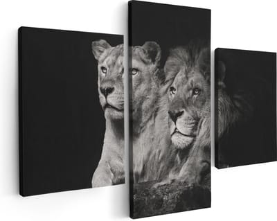 Artaza Canvas Schilderij Drieluik Leeuw En Leeuwin - Zwart Wit - 90x60 - Foto Op Canvas - Canvas Print