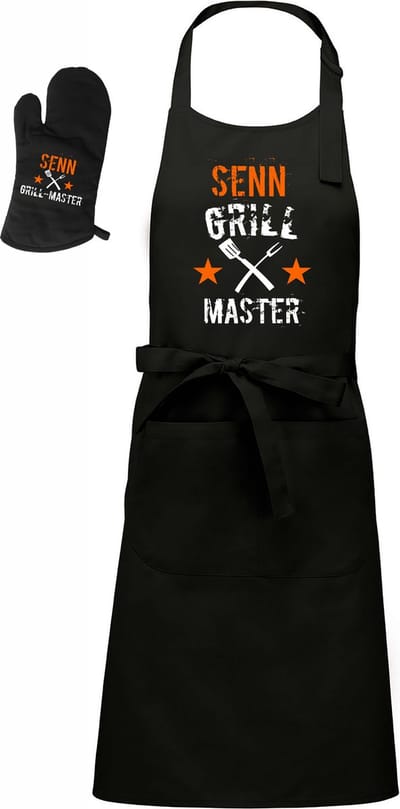 Mijncadeautje - Barbecueschort - Grill Master met Bestek - met naam - zwart - XXL 97 x 68 cm - gratis BBQ- handschoen
