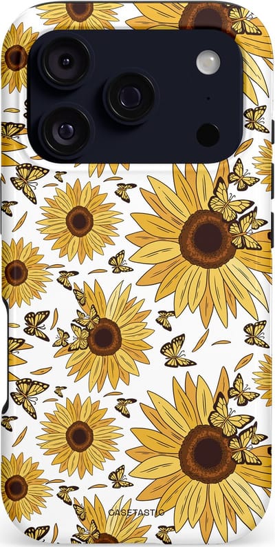Casetastic hoesje geschikt voor Apple iPhone 17 Pro - MagSafe - Dubbellaagse bescherming - Zonnebloem Zomer met vlinders - Fashion Case - Goud Beige Wit