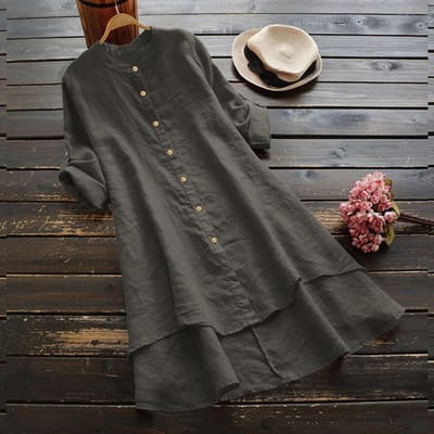 Robe Chemise Printemps Femme Coton Lin Uni Dames Ample Chemise Hauts Longs Blouse Vêtements Vêtements Grande Taille XXXL gris