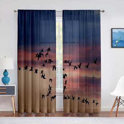 Vogelzwerm in de Lucht Chiffon Tule Gordijnen voor Woonkamer Slaapkamer Keuken Decoratieve Transparante Voile Gordijn Raambekleding 1 PCS W100XH250cm&Grommet Top