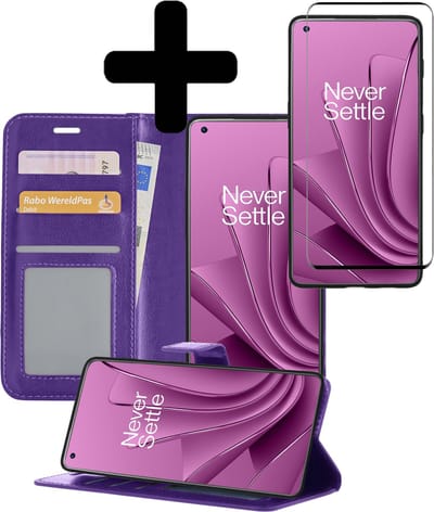 Hoesje - Met Screenprotector - Geschikt voor OnePlus 10 Pro - Luxe Pasjeshouder - Bookcase Portemonee - Flip Case - Kunstleer Book Case - Flipcase - Book Cover - Walletcase - Portemonneehoes - Telefoonhoesjes - Paars