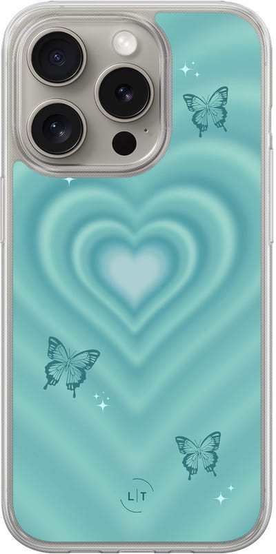 Hoesje geschikt voor iPhone 15 Pro Max - Retro hart vlinder - 2in1 backcover - Print / Illustratie - Blauw - Leuke Telefoonhoesjes