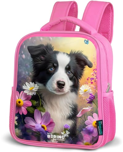 NoBoringSuitcases.com® - Rugzak roze - Schooltas meisjes - zwart witte puppy tussen kleurrijke bloemen - Kinder rugtas meisje - Boekentas kind - Kinderrugzak voor school - Schoolrugzak