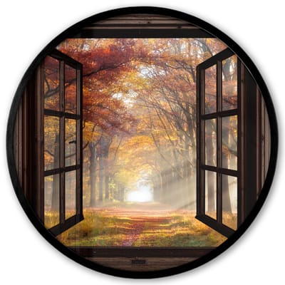 Poster in lijst Rond - Fotolijst 40x40 cm - Posters - Herfst - Bos - Bomen - Natuur - Doorkijk - Ronde posterlijst zwart - Decoratie - Wanddecoratie woonkamer - Muurdecoratie slaapkamer