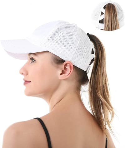 Zonnehoed voor dames - Dames Baseballpet Paardenstaart - Zomer Sneldrogende Hoed - Ademend Mesh - Kruishoed - Zonnehoed voor Buitensporten - Klittenband Verstelbare Hoofdomtrek - One Size - Wit
