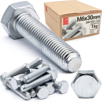 LUN FIX - Zeskantschroeven M6x30 - 1 kg (ca. 130 stuks) - DIN 933 Volledige schroefdraad - verzinkt staal