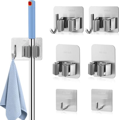 4-delige RVS Bezemhouder voor Wandmontage, Zware Kwaliteit met 2 Haken, Verstelbare Mop en Bezem Organizer, Ruimtebesparende Oplossing voor Broom Opslag