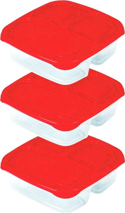 Plasticforte Vershoudbakje - 3x - 3-vaks - 1,2L - meal prep - herbruikbaar - rood - vaatwasser bestendig - magnetron bakjes