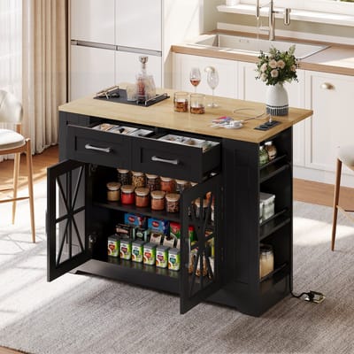 Sweiko Kookeiland - Dressoir - Houten eettafel - Verstelbare planken - USB-poort - Glazen deur - Met wielen - Zwart
