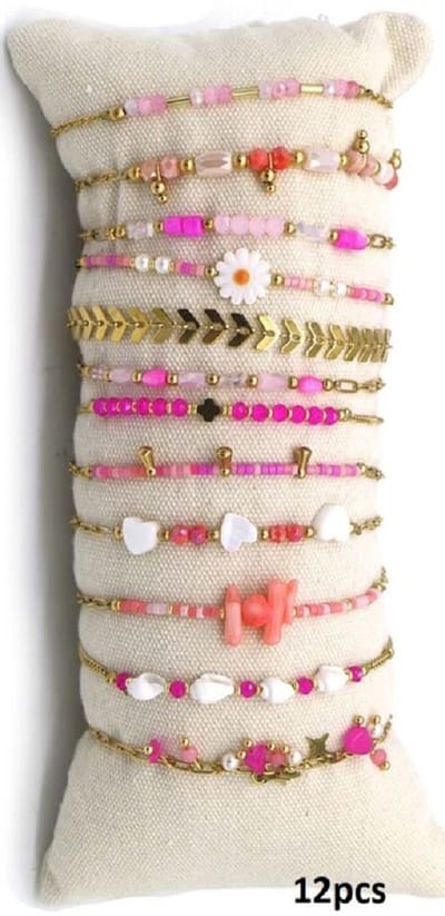 Armbanden Dames - Set 12 Stuks op Kussen - RVS - Lengte 17-21 cm - Goudkleurig en Roze
